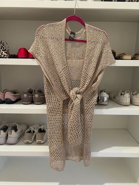 Vince Camuto Open-Knit Tie-Front Cardigan in Beige